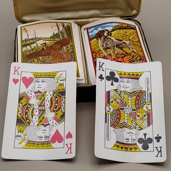 playing cards 2 decks 2 masculine hunting design original case vtg Windsor 1960s - Picture 2 of 15